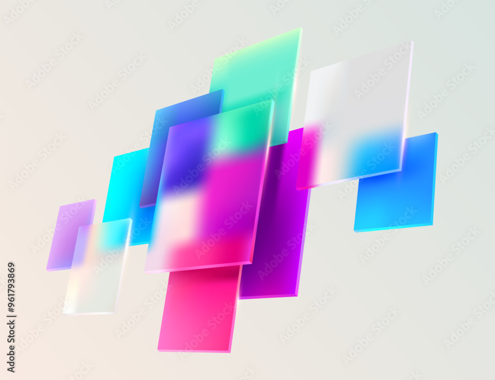 Poster 3d color squares and rectangles in glass morphism style. transparent frame for text with geometric s