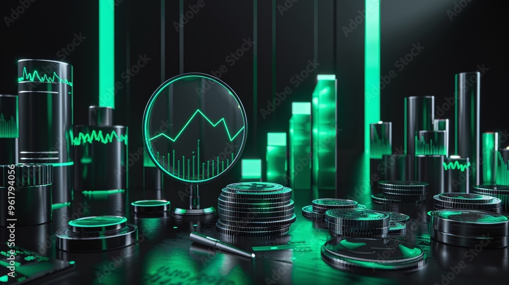 Poster elegant digital illustration of data visualization with glowing green elements and graphs, perfect f
