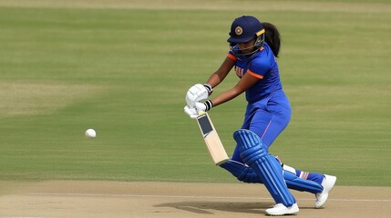 Female cricketer in blue uniform in motion on stadium, running , showcasing the blend of technique and timing in the sport.