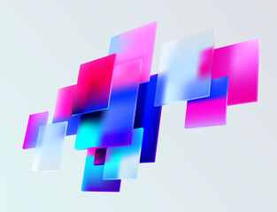 3D color squares and rectangles in glass morphism style. Transparent frame for text with geometric shapes.