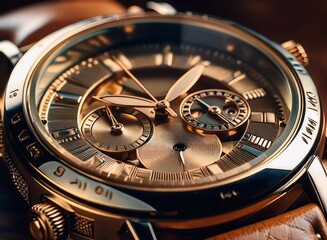 A detailed shot of a luxury wristwatch, with focus on the intricate design