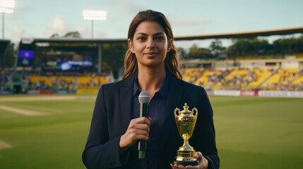 Confident female sports presenter holding gleaming trophy, standing in cricket field. Game translation.