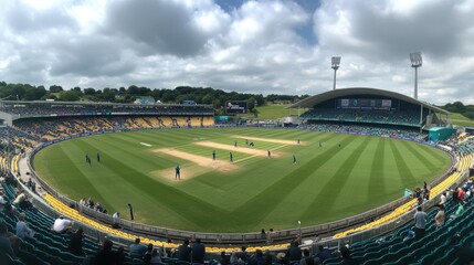 Wide view of cricket stadium during match. Cricket match in progress at a stadium with a lush green pitch, players in action, and a crowd watching from the stands.