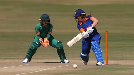 female cricketer intensely focuses as she prepares to strike the ball, her opponent crouched, ready to catch. The tension of the game is in every movement
