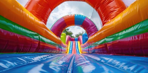Close up of a colorful inflatable bouncy castle with a horizontal tube in the park, with no people present.