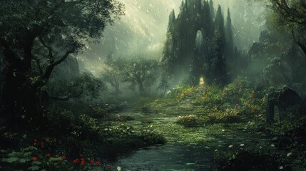 Obraz premium A mystical forest scene with ruins, vibrant flowers, and a tranquil waterway.