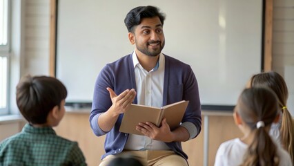 An Indian teacher captivating students with a storytelling session, using expressive gestures and visual aids to enhance the experience.
