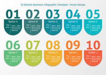 10 options business infographic template, theme of colorful half capsule shape with number and text frame