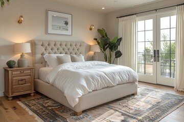 Scandinavian Bedroom A minimalist bedroom with a white bed, light wood furniture, and soft textiles. Add a cozy rug and simple, functional decor.