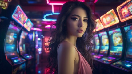 Beautiful Asian Woman Posing In Prestige Casino. Neural network ai generated art