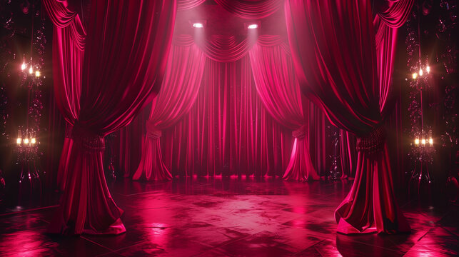 Luxurious red stage curtains dramatic lighting elegant theater venue event wedding party drama concept backdrop banner background empty copy space large dancing hall old Hollywood retro vintage vibes