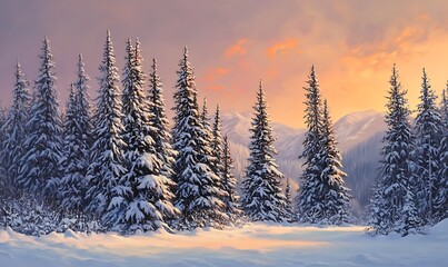 Obraz premium Snowy Forest at Sunset with Mountain Peaks in the Background
