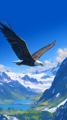 Fototapeta premium A majestic eagle soaring high in the sky, with its wings spread wide and its sharp eyes focused, set against a clear blue sky with distant mountain ranges
