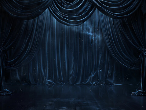 dramatic navy sapphire cobalt midnight blue velvet stage curtains elegant theater backdrop moody lighting event drama performance concept banner background empty copy space gothic goth old Hollywood 