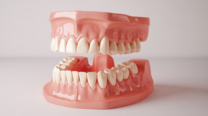 Obraz premium This 3D model shows how dental implants and real teeth are positioned in the jawbone. It's a helpful image for explaining dental implants on websites and social media.