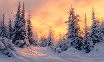 Snow-Covered Pine Trees at Sunset in a Winter Forest