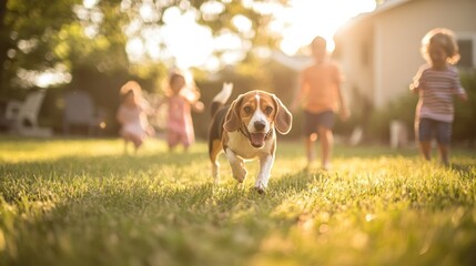 A playful beagle runs through a sunny yard as children joyfully play in the background.
