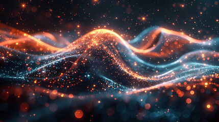 Obraz premium Background design with abstract waves of particles. Abstract wave moving dots flow particles, brochure background design with hi-tech elements and big data