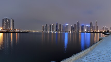 cityscape of skyscrapers at dusk reflecting on still water