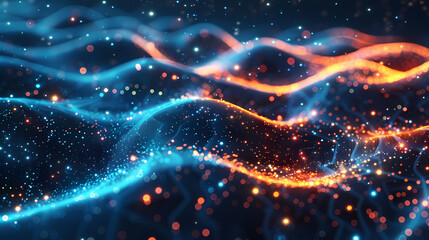 Obraz premium Background design with abstract waves of particles. Abstract wave moving dots flow particles, brochure background design with hi-tech elements and big data