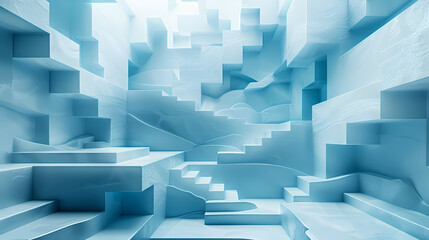 Fototapeta premium very elaborate and abstract 3d stairway with many boxes in paper cut style, in the style of light indigo,photostock style