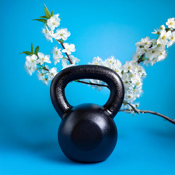  Black kettlebell with white blossoms on a blue background, combining fitness with springtim_1(353)