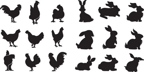 set of silhouettes rooster and chicken vector file