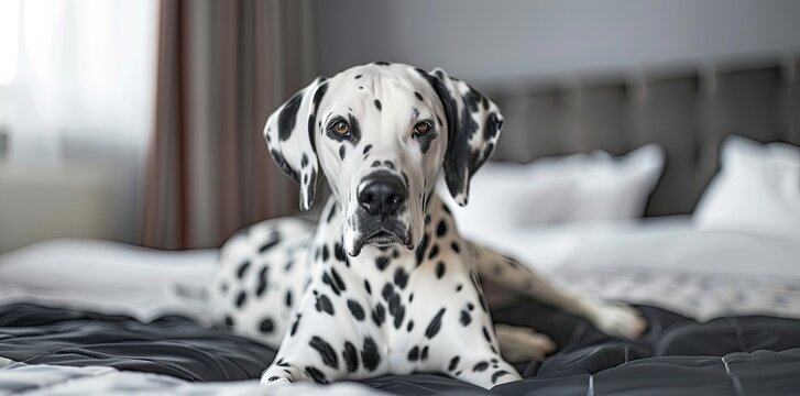 Dalmatian dog lying on a bed in a bedroom, closeup portrait making eye contact with the camera, soft light, high resolution photography, high details, high quality, high sharpness, - Powered by Adobe