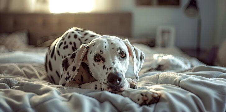 Dalmatian dog lying on a bed in a bedroom, closeup portrait making eye contact with the camera, soft light, high resolution photography, high details, high quality, high sharpness,