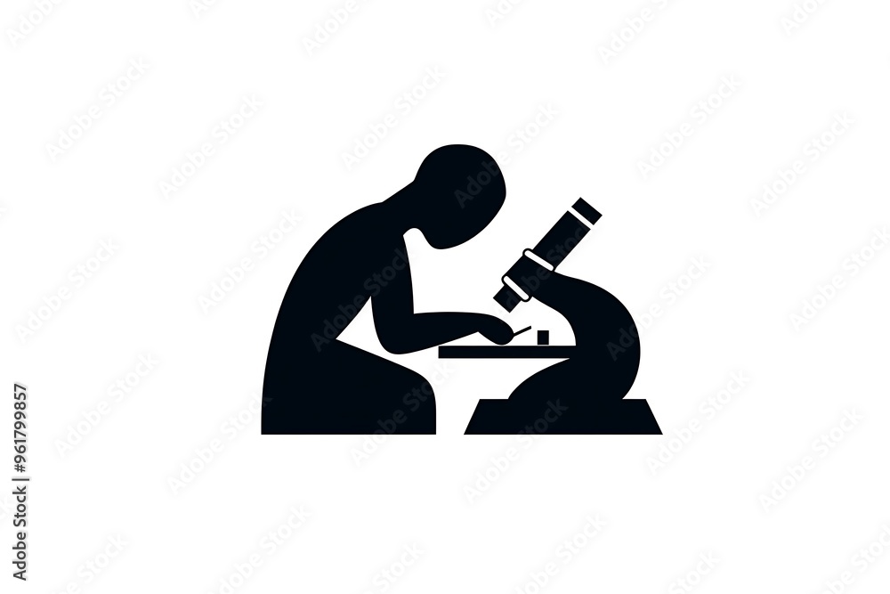 Poster minimalist vector logo of person studying with microscope - simple shapes in bold black on white bac