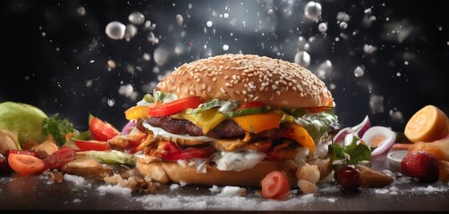 hamburger with lete and vegetables on table