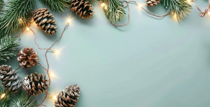 Christmas background with snow and pine cones on wooden table, glowing lights bokeh in the blue sky. Christmas card concept.