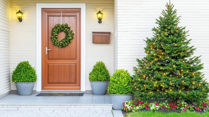 Naklejka premium festive front door with wreath lit Christmas tree beside it
