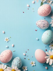 Easter poster and banner template with beautiful Easter multi-colored eggs and flowers.Promotion and shopping template for Easter. Beautiful easter promotion banner.Top view, flat lay.Space for text
