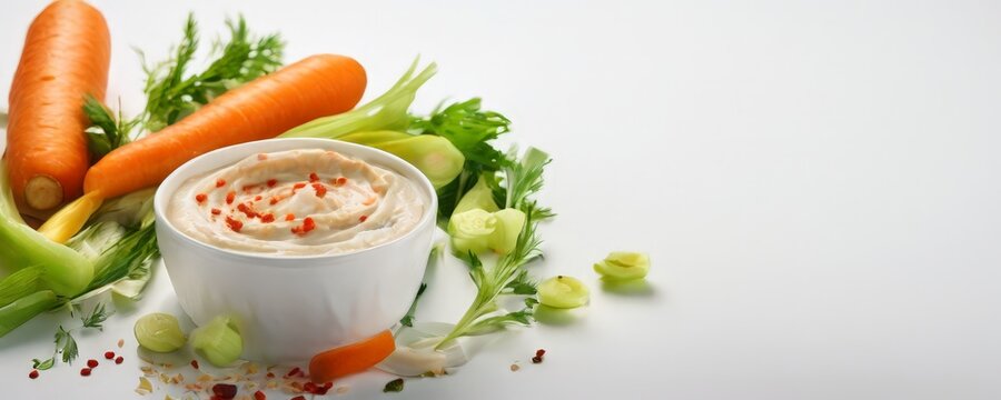 white bowl filled with dip surrounded by carrots and celer