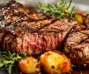 steak with potatoes and herbs on plate