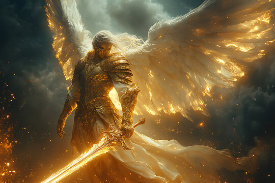 Majestic angel with outstretched white wings and golden battle armor, wielding a fiery sword against a backdrop of dark storm clouds.

