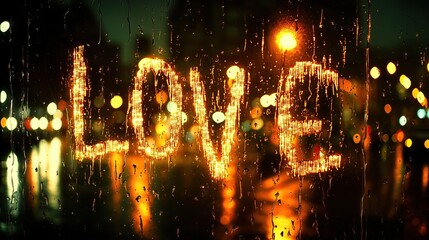 word LOVE is written on wet window pane with city lights in background