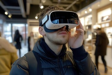 A shopper testing out a virtual reality headset.