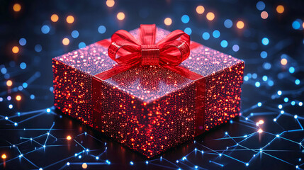 A festive Christmas gift box with a red bow, surrounded by other wrapped gifts, with sparkling digital links of Christmas lights in the background