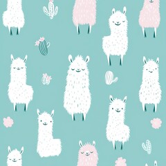 It is a seamless pattern with illustrations of llamas and cacti. It is perfect for textiles or textiles decorations. The illustration is modern and stylized. The texture is childlike.