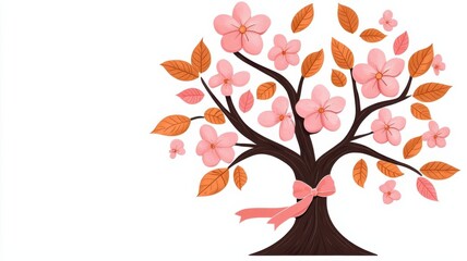 Breast cancer support, blooming tree with ribbons as leaves, flat design illustration