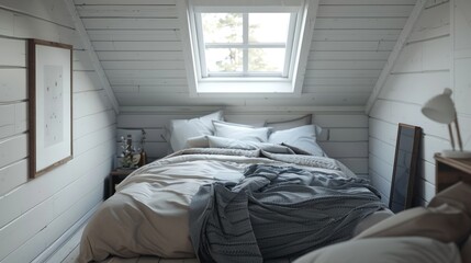 Cozy gray bed in small loft bedroom with white walls