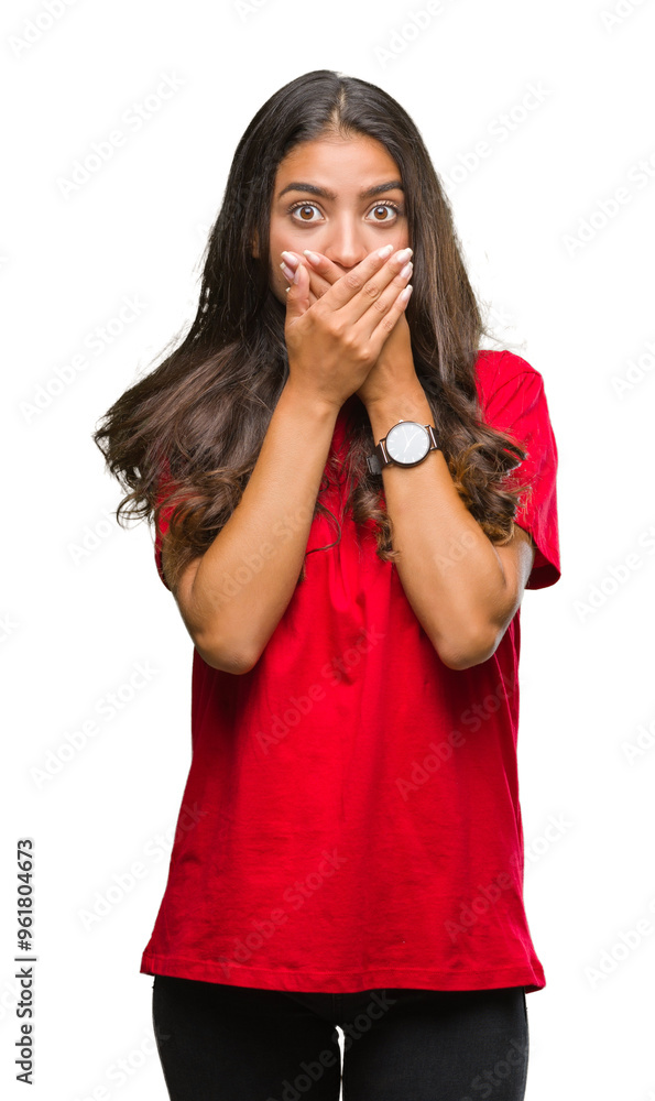 Canvas Prints Young beautiful arab woman over isolated background shocked covering mouth with hands for mistake. Secret concept.