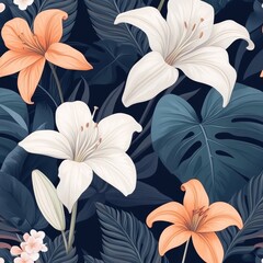The lush tropical jungle is seamlessly patterned with exotic leaves and flowers. A modern illustration depicts the leafy jungle in bloom.