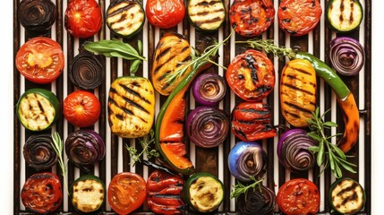 Fototapeta premium Top view of fresh herb grilled vegetables with barbecue sauce on grill being grilled. Delicious freshly made food.