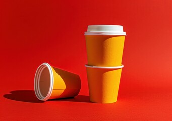 Three yellow paper cups stacked on a bright red background, creating a vibrant color contrast and playful aesthetic