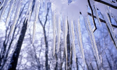 Icicles Hanging From a Branch Against a Blurred Forest Background