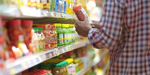 Close-up of an individual carefully reading ingredient labels on food packaging to avoid allergens, highlighting the importance of allergen awareness and prevention in everyday life.