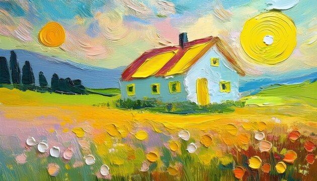 Painting like illustration of wooden house on summer rural field, idea for home art wall decor